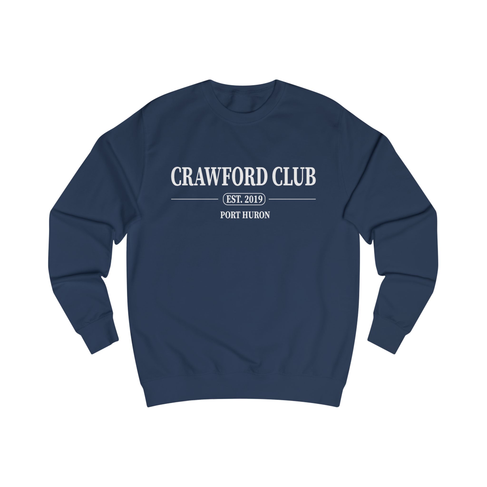Navy crewneck sweatshirt with "Crawford Club" logo with Port Huron location