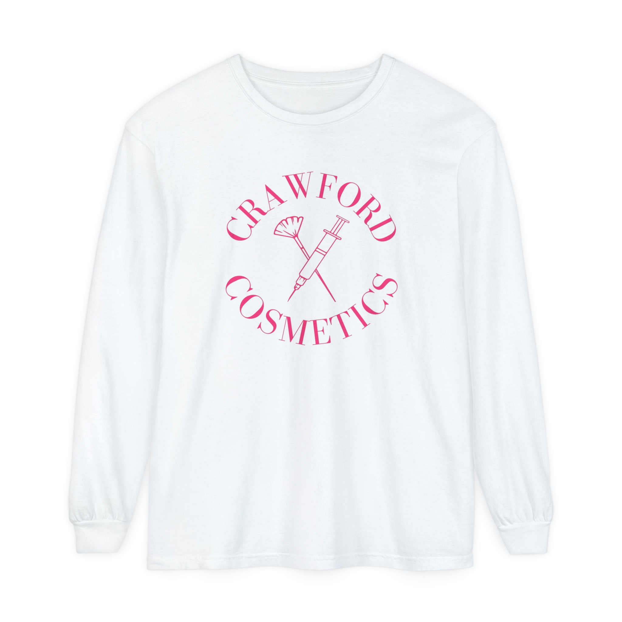 White long-sleeve T-shirt with Crawford Cosmetics pink logo