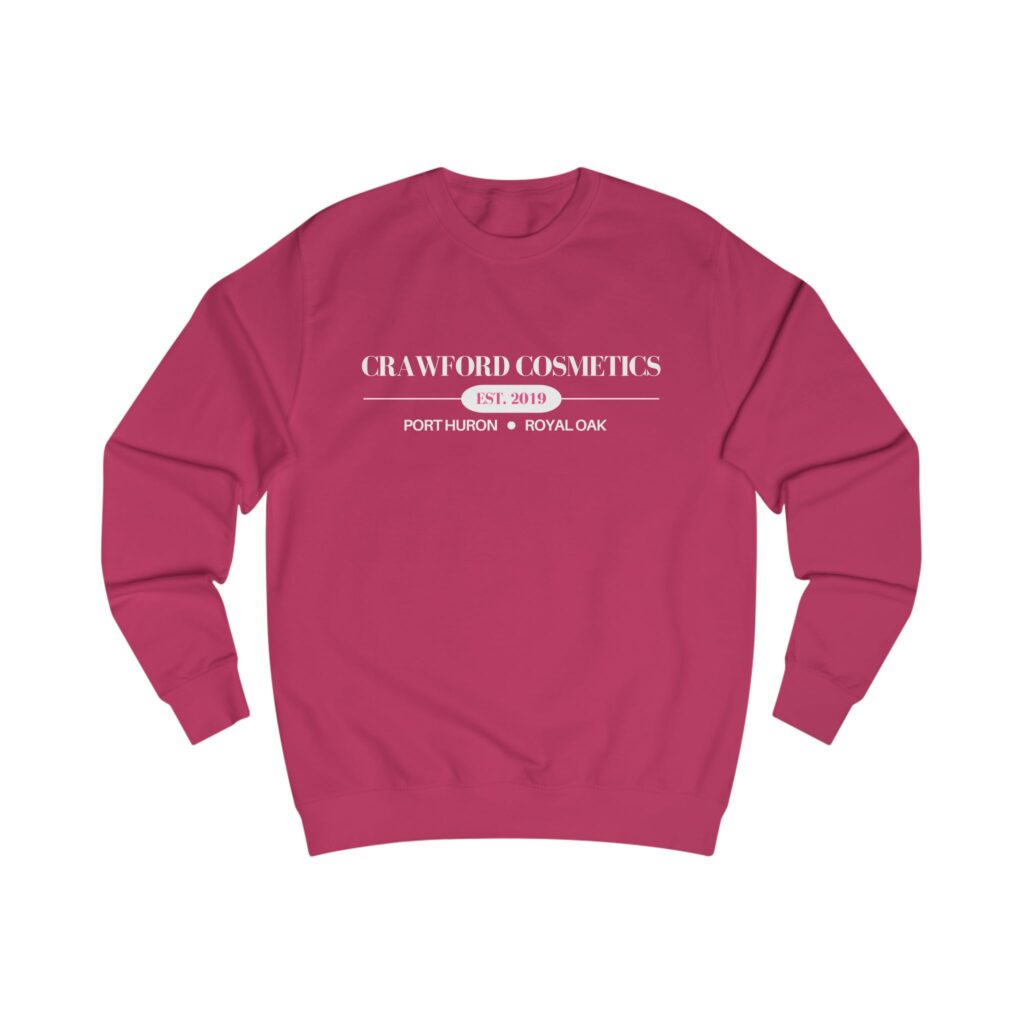 Red crewneck sweatshirt with "Crawford Cosmetics" and location names