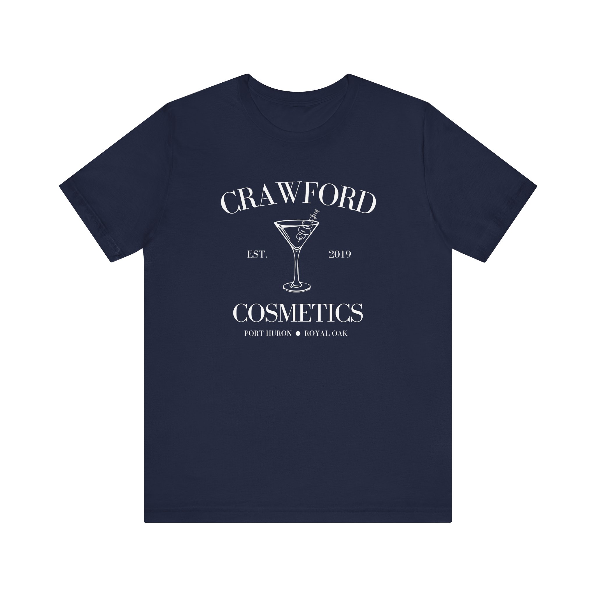 Navy Crawford Cosmetics T-shirt with martini glass logo