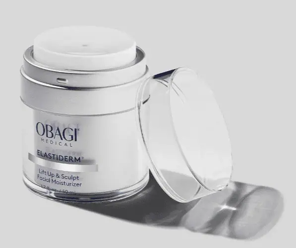 Obagi Elastiderm Lift Up & Sculpt Facial Moisturizer in a clear jar with a removable lid