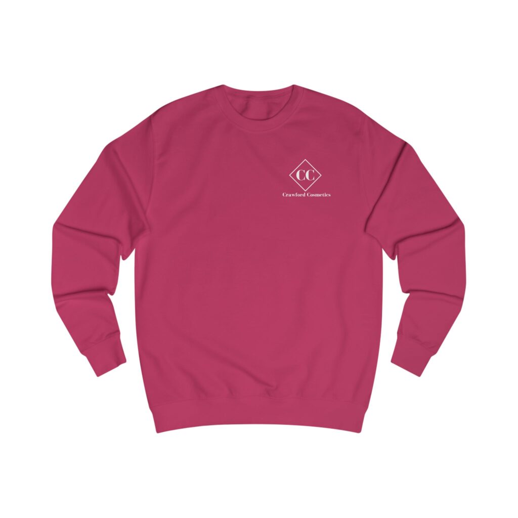 Red crewneck sweatshirt with small Crawford Cosmetics logo