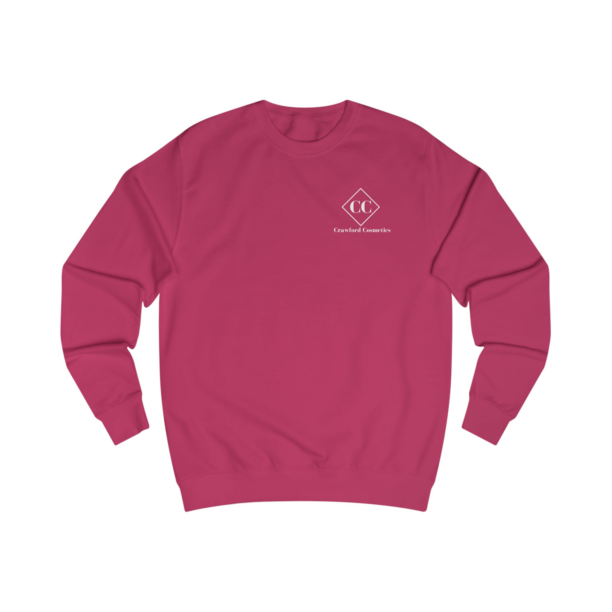 Red crewneck sweatshirt with small Crawford Cosmetics logo