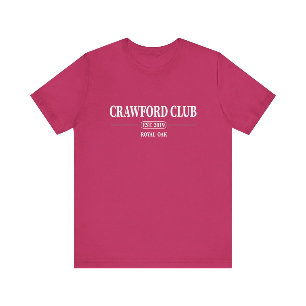 Red t-shirt with "Crawford Club" and "Royal Oak" text