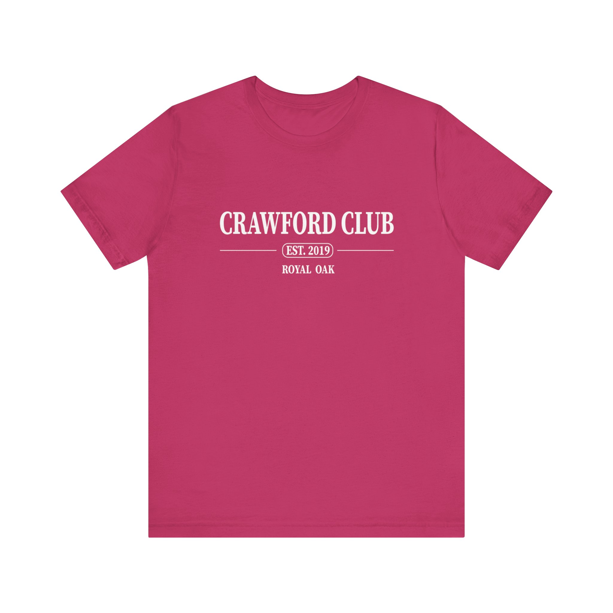 Red t-shirt with "Crawford Club" and "Royal Oak" text