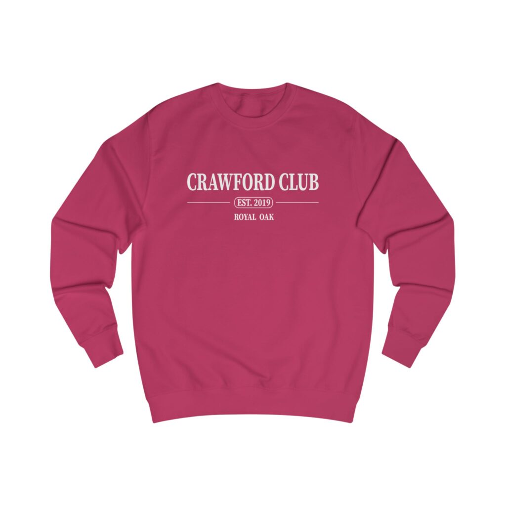 Red crewneck sweatshirt with "Crawford Club" text