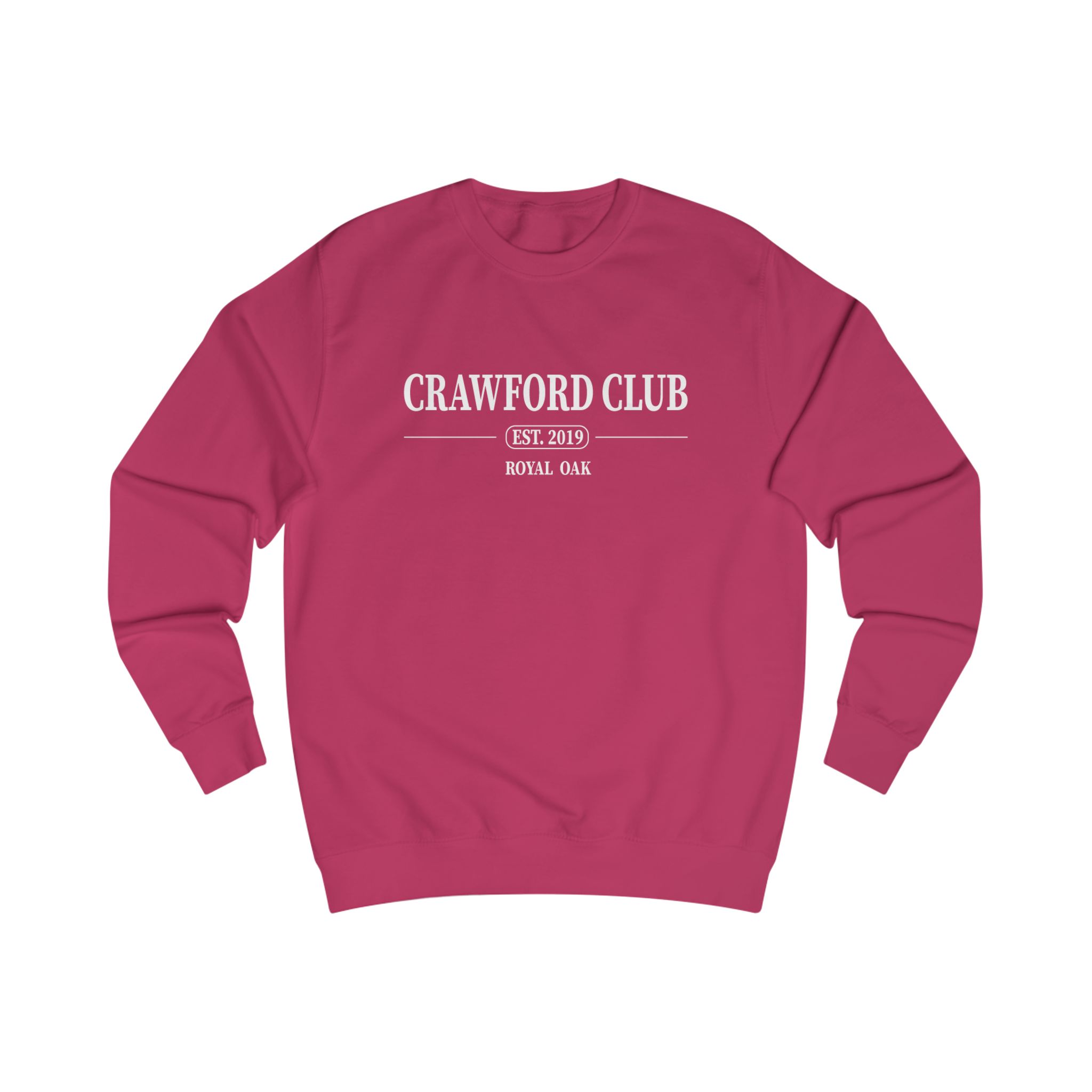 Red crewneck sweatshirt with "Crawford Club" text