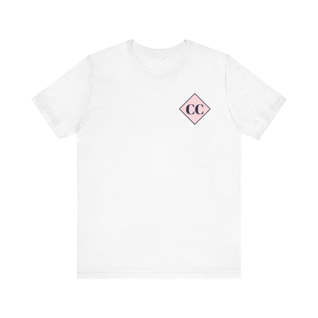 White t-shirt with a pink pink Crawford Cosmetics logo and text