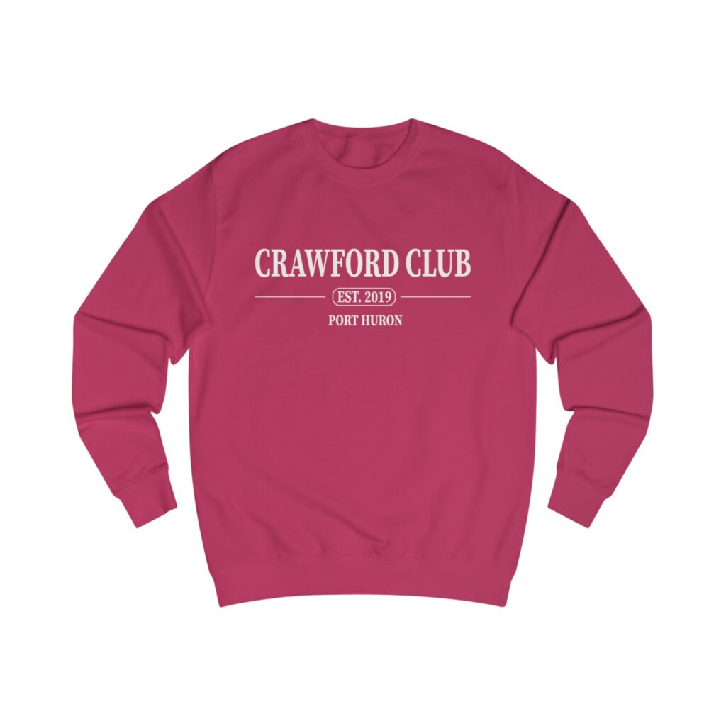 Dark pink crewneck sweatshirt with "Crawford Club" logo