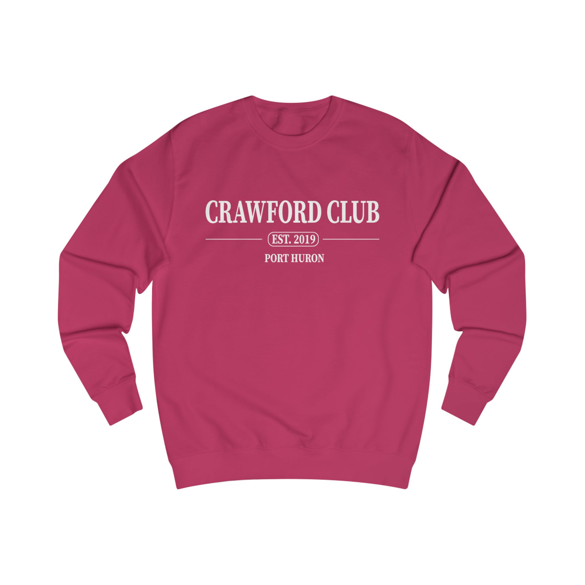 Dark pink crewneck sweatshirt with "Crawford Club" logo