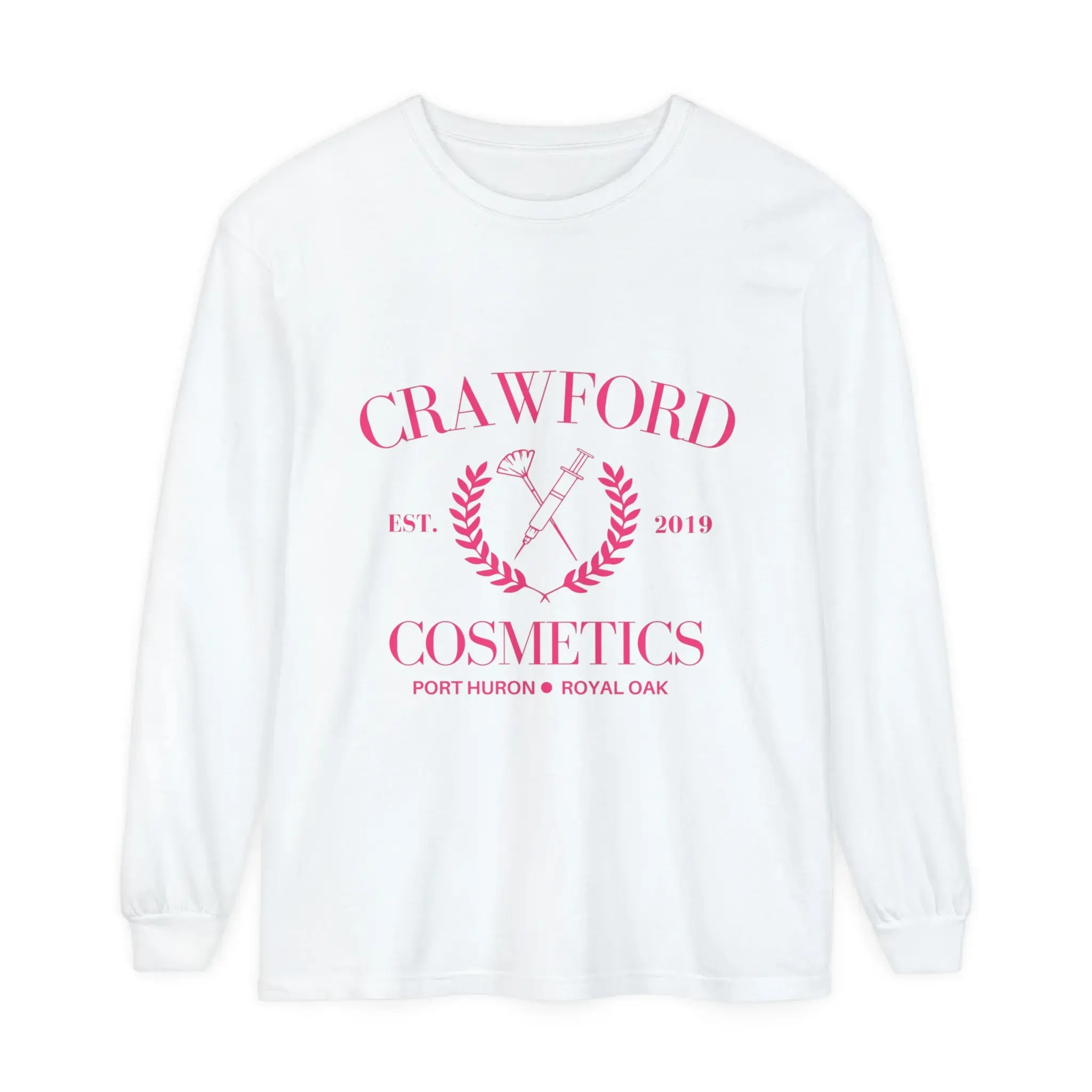 White long sleeve shirt with "Crawford Cosmetics" logo, featuring a syringe and laurel design
