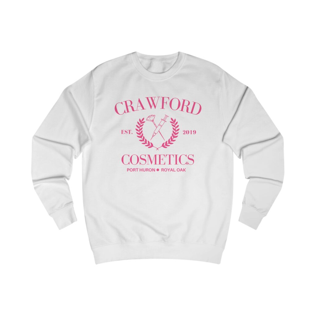 White Seal crewneck sweatshirt with pink Crawford Cosmetics logo and text