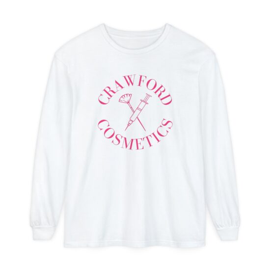 White long-sleeve T-shirt with Crawford Cosmetics pink logo