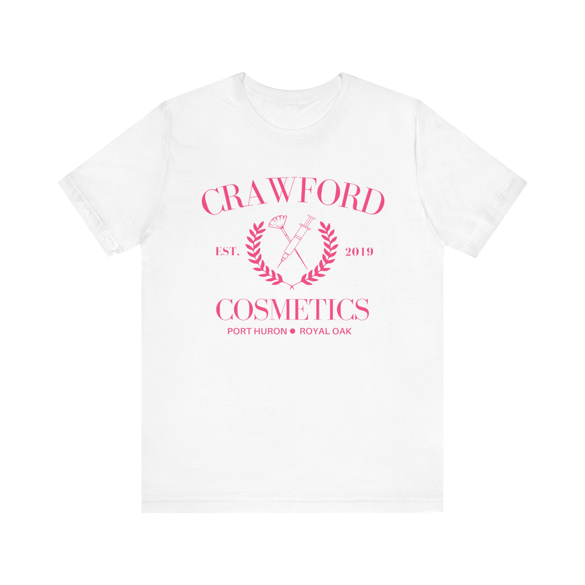 White t-shirt with pink Crawford Cosmetics logo