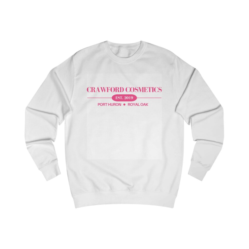 white crewneck sweatshirt with "Crawford Cosmetics" and location names
