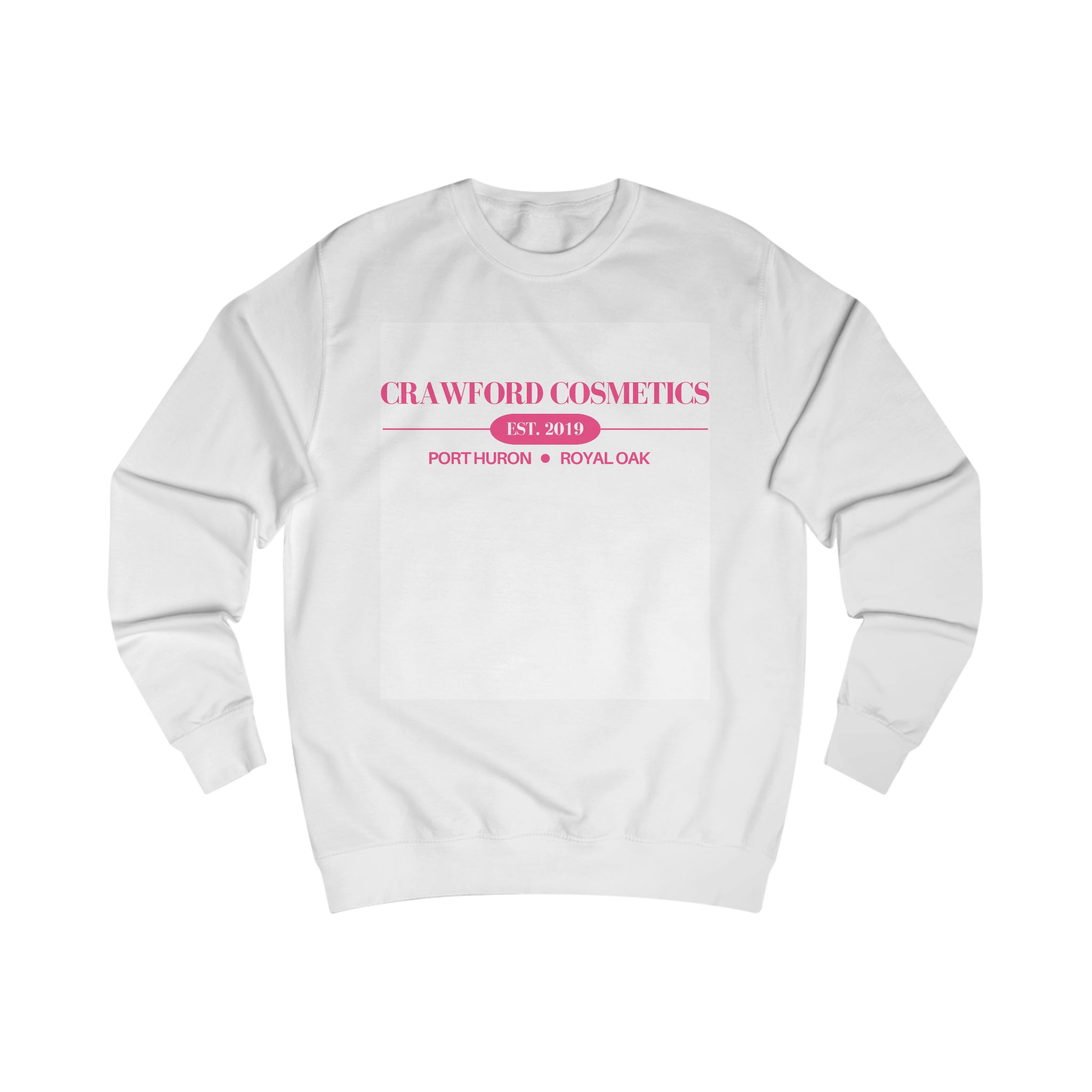 white crewneck sweatshirt with "Crawford Cosmetics" and location names
